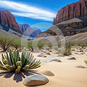 Ai Generated illustration Wildlife Concept of a desert landscape with rocks and cactus plants in the foreground and mountains in photo